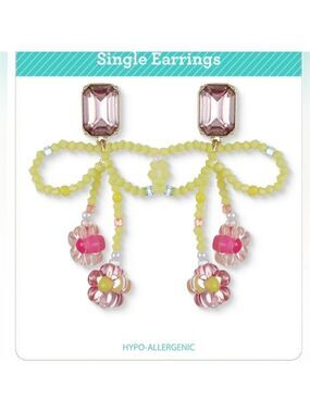 Pastel Bow Beaded Drop Earrings Floral Pink Yellow Goldtone